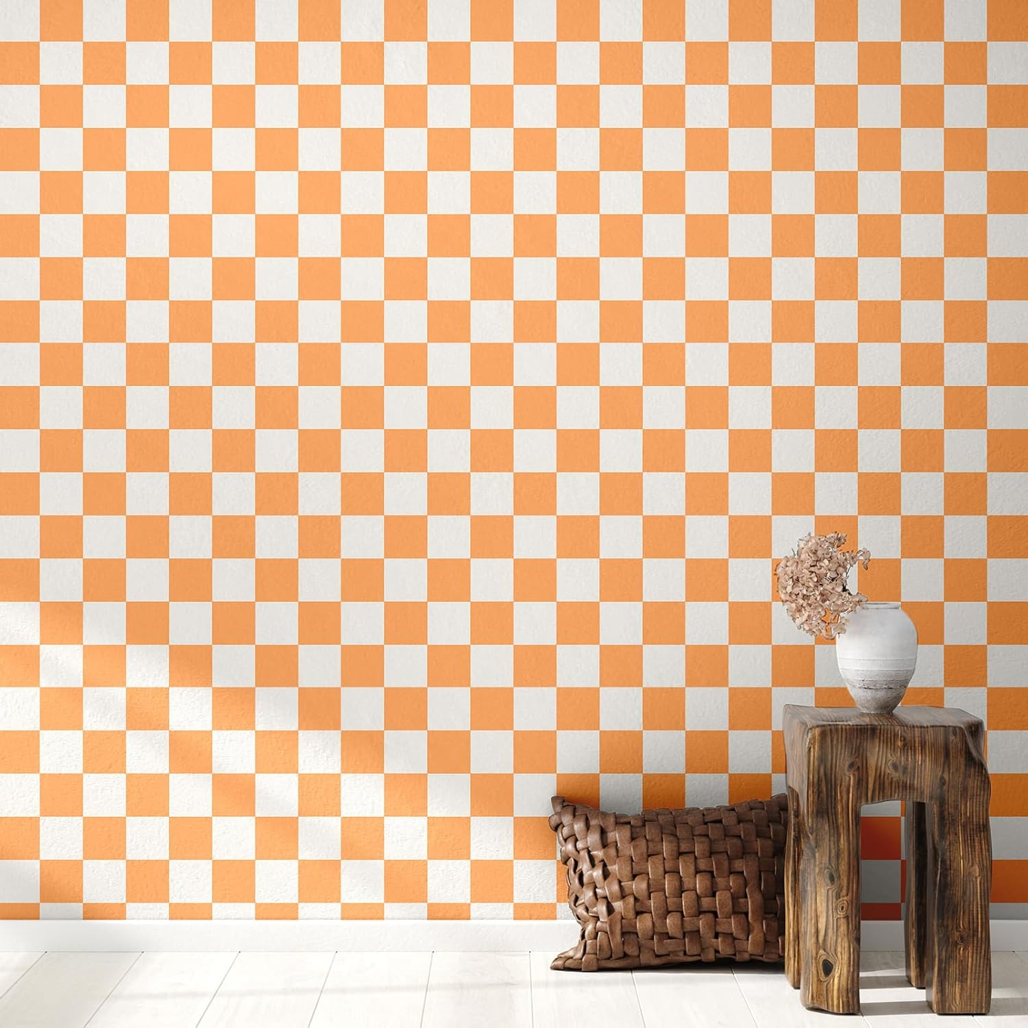 Retro Checkered Peel and Stick Wallpaper 70S Funky Checkered Contact Paper Geometric Waterproof Wallpaper Neutral Checkerboard Decor for Bathroom Cabinet(Orange,16.4' X 15.75'')