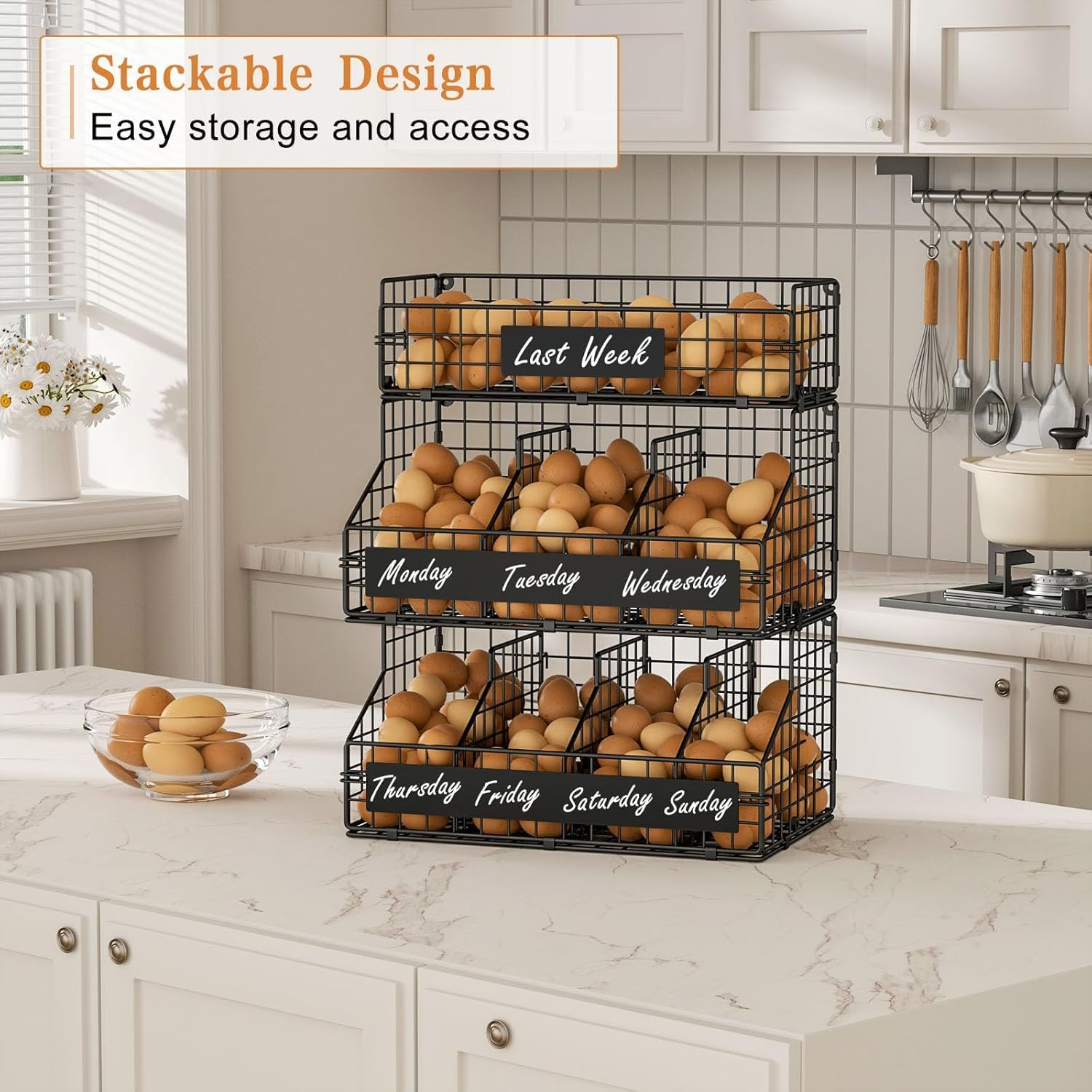 3-Tier Stackable Wire Egg Storage Basket, XXL Countertop Egg Holder with 5 Dividers, Wall-Mountable image number 1