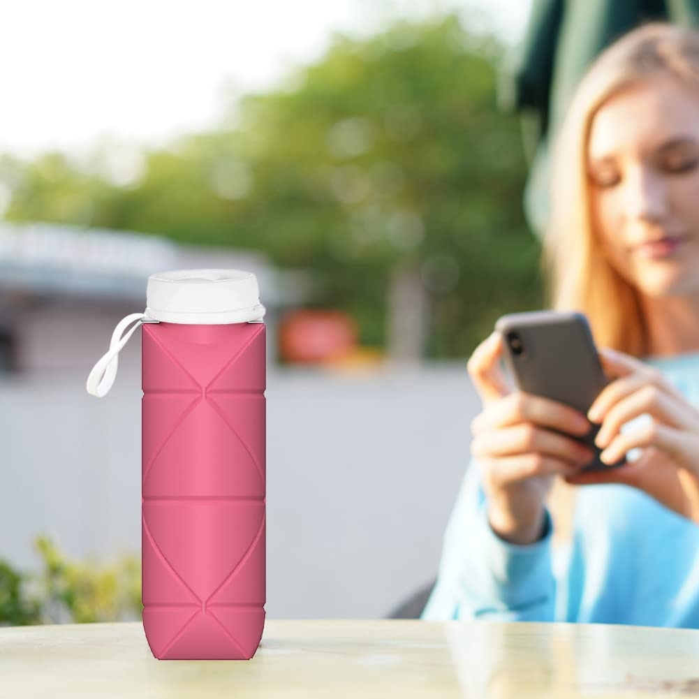 Collapsible Bottle Foldable Food Grade Silicone Water Bottle with Suction Nozzle,Collapsible Leak Proof Water Bottle for Sports,Fitness Gym,Gym Outdoor,Camping Hiking,Travel(Pink,600Ml) image number 4