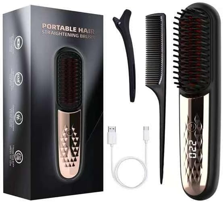 Cordless Hair Straightener Brush, Portable Straightening Brush for Women, Mini Hair Straightener for Travel, 4000Mah Rechargeable Fast Heating Electric Hair Straight Comb Present for Women