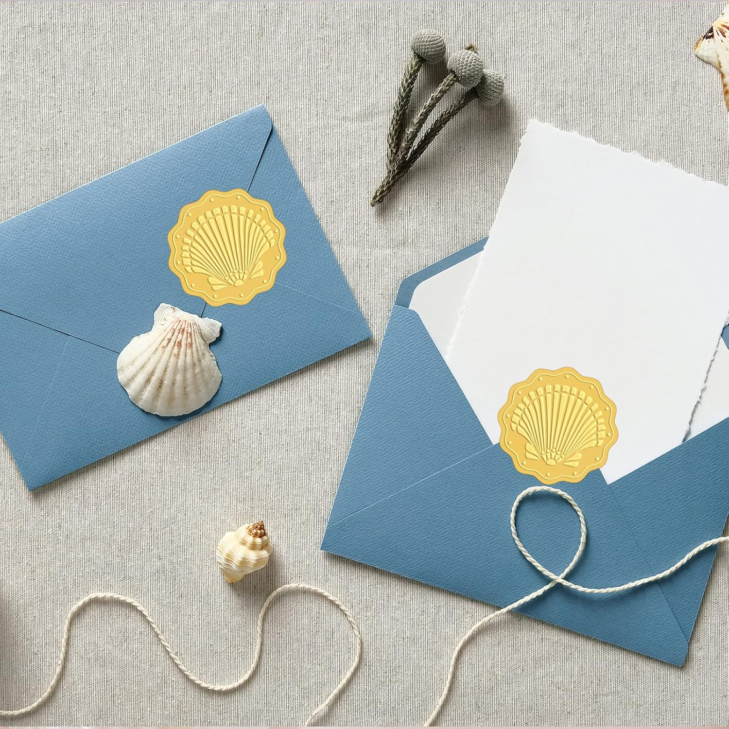 CRASPIRE Sea Shell Stickers 2" Gold Foil Envelope Decorative Seals 100Pcs Seashell Ocean Summer Embossed Seals Adhesive Decal Label for Leter Wedding Invitations Envelopes Gift Packaging Card Making image number 2