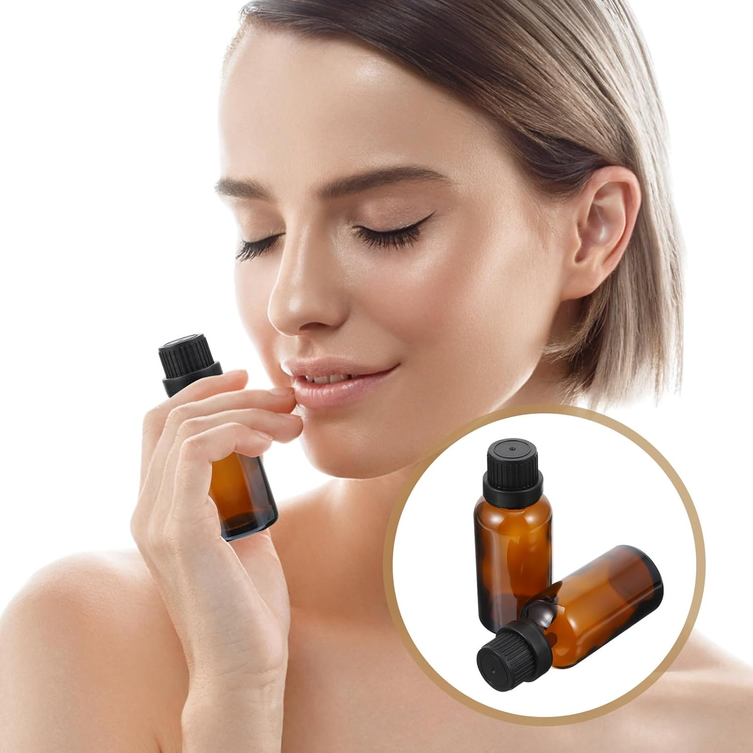 MOBUTOFU 12Pcs 30ML Amber Glass Essential Oil Bottles with Large Cap and Dropper Insert, Refillable Perfume and Makeup Storage Containers for Travel and Home Use