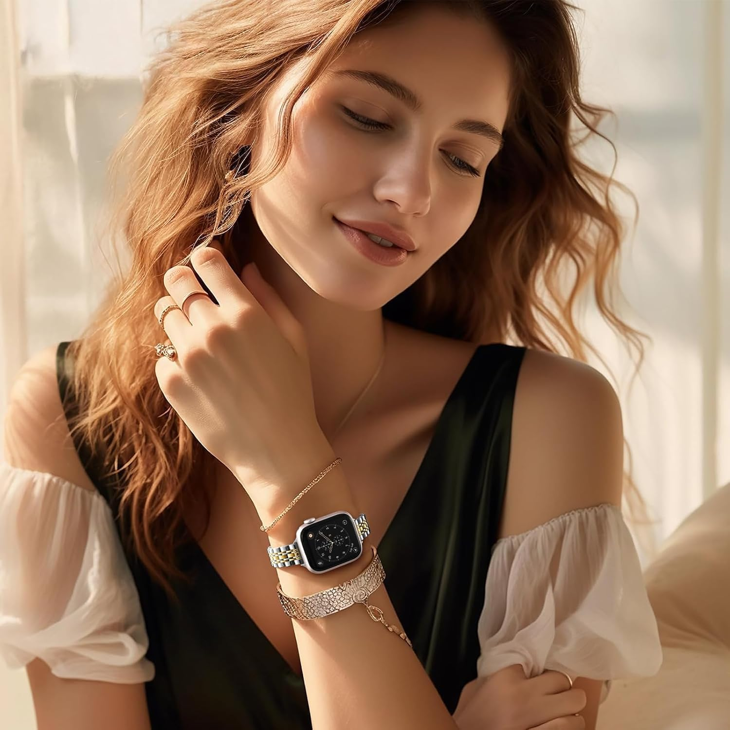 WJK Slim Stainless Steel Bands Compatible with Apple Watch Band 38Mm 40Mm 41Mm 42Mm for Women Men, Adjustable Metal Strap Compatible with Apple Watch Series 11 10 9 8 7 6 5 4 3 2 1 SE, Multi Colors - Gold/Silver image number 1