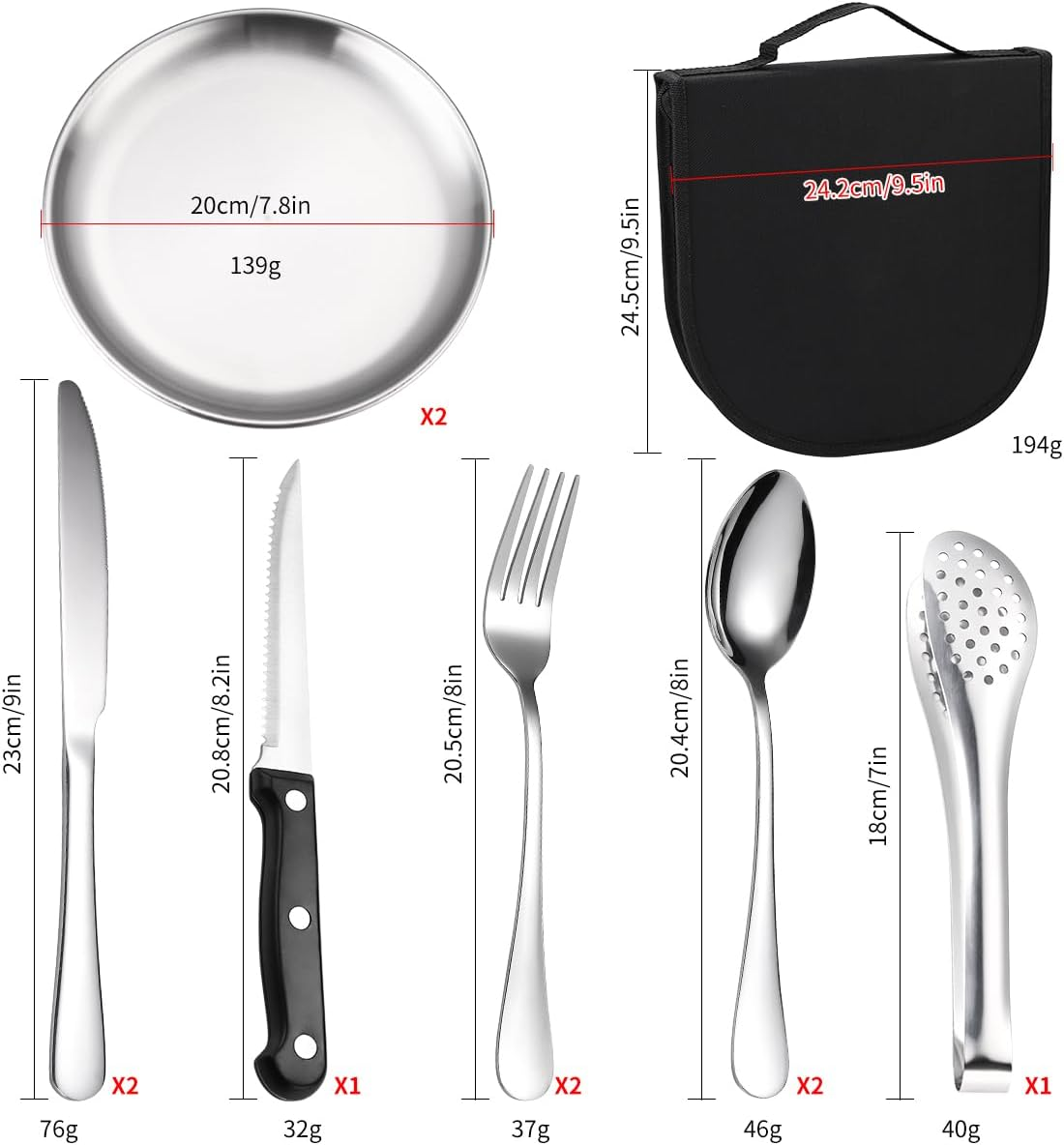 Portable Outdoor Cutlery Set for Picnic, Camping Dinnerware Set with Spoon Fork Knife, 10 Piece Mess Kit for 2, Stainless Steel Silverware Set with Organizer, Travel Camping Flatware Set (Silver) image number 5