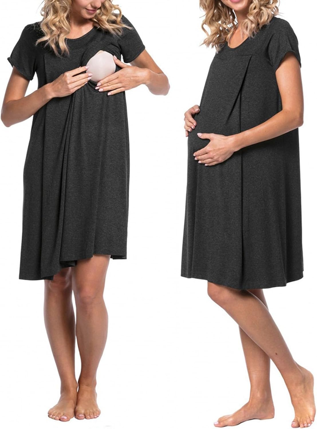 Casual Deep V Neck Dress Gown/Maternity Nightgown with Button Breastfeeding Dress Short Sleeve Maternity Sleepwear Womens Dresses Large Maternity with Lace Sleeves