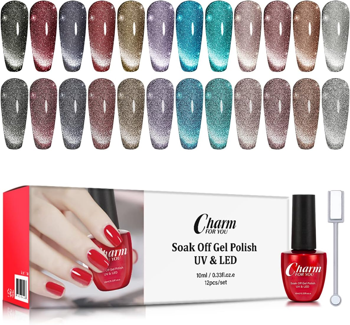 VERONNI Reflective Glitter Cat Eye Gel Nail Polish - Sparkling Diamond, Magnetic, UV LED Varnish - Soak off Gel Nail Art Set (12 Colors) with Magnet image number 5