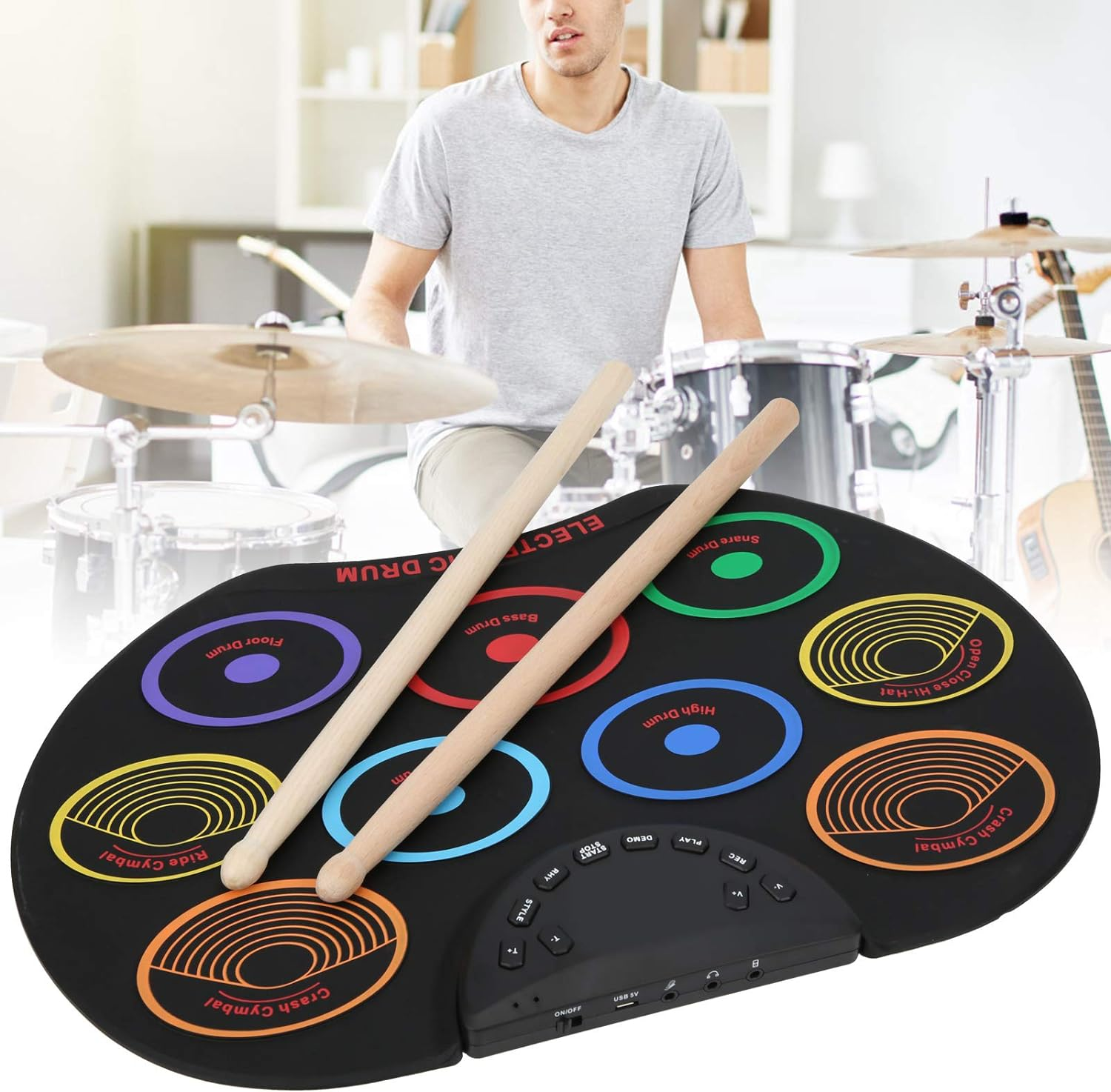 Electronic Drum Set, Portable Foldable Roll up Practice Pads, 3 Tones 12 Rhythms 12 Demo Songs, Built-In Speaker, Pedals, Sticks, Colorful Electric Kit for Beginner Kids image number 6