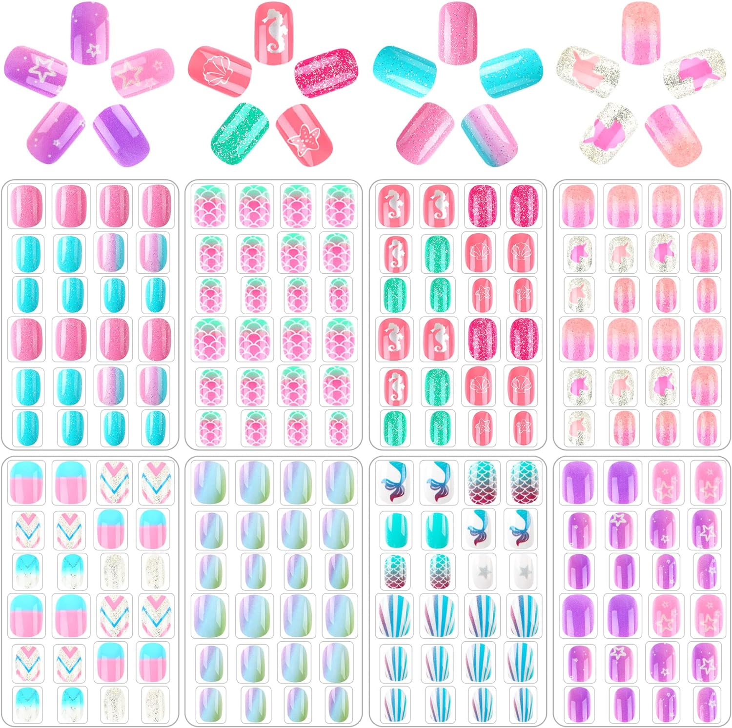JANYUN 192Pcs Fake Stick on Nails for Kids Pre-Glue Full Cover Short False Nail Tips Stick on Nails for Kids Children Lovely Gift Girls Nail Art Decoration image number 6