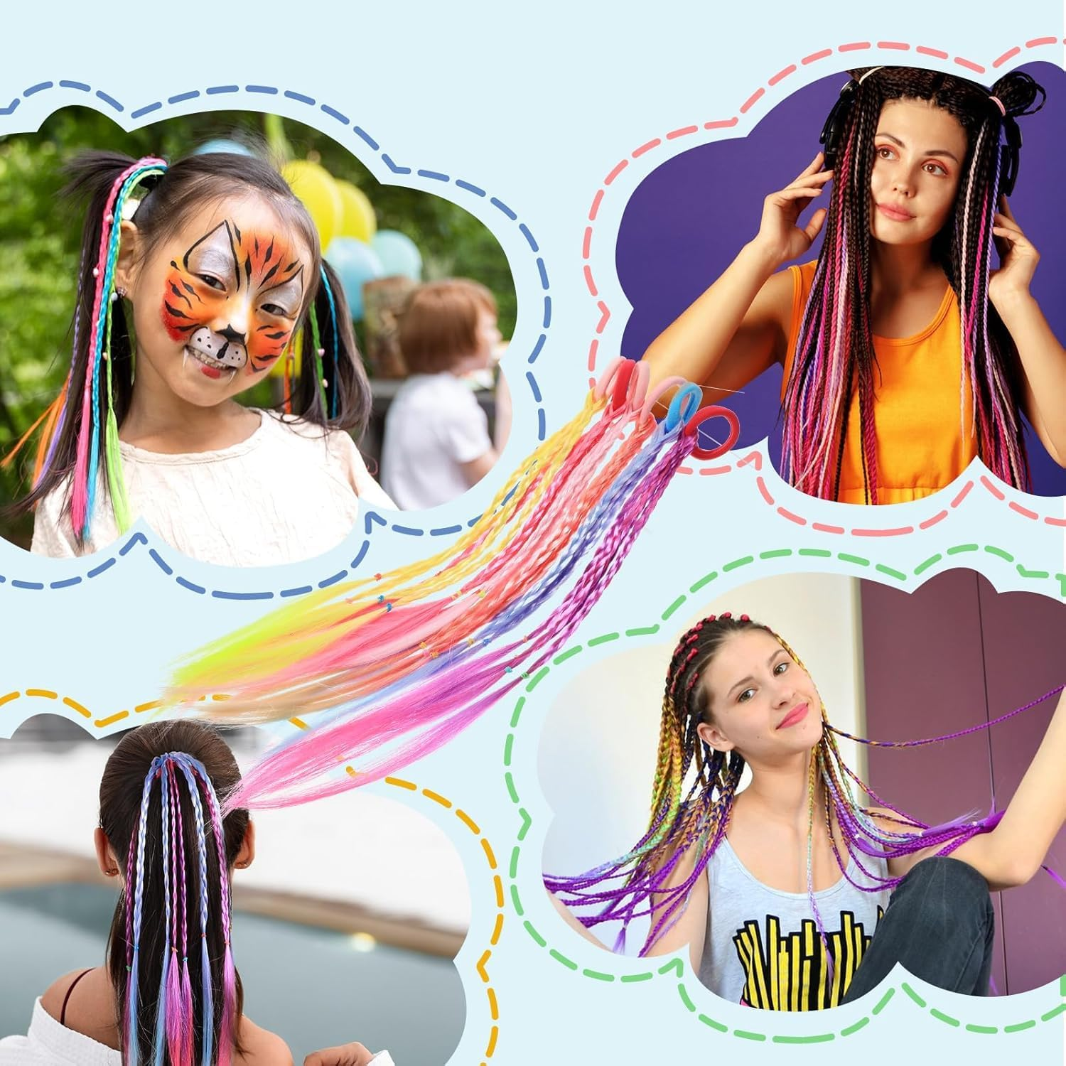 Colorful Wig Braid Head Rope, 12Pcs Coloured Hair Extensions with Hair Clips, Rainbow Braided Kids Hair Extensions, Colored Braids Hairs Extension with Rubber Bands image number 5