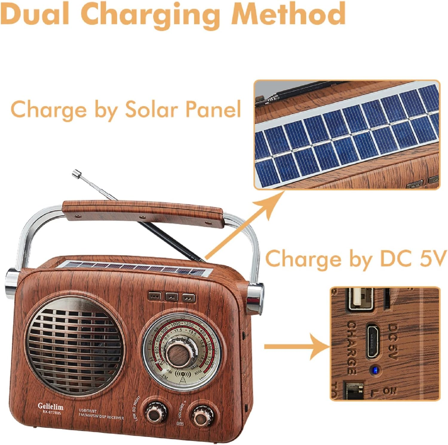 Gelielim Portable Radio Retro, AM FM Shortable Radio with Best Reception, Small Vintage Radio with Bluetooth Speaker, Rechargeable/Solar/Battery Radio, Supports TF Card/Usb Player, Emergency Torch image number 2