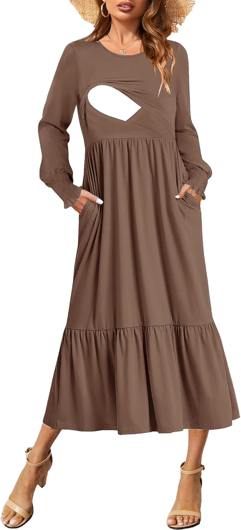 Women Nursing Dress Crew Neck Fall Maternity Flowy Long Sleeve Smocked Cuffs Tiered Cocktail Dresses with Pockets