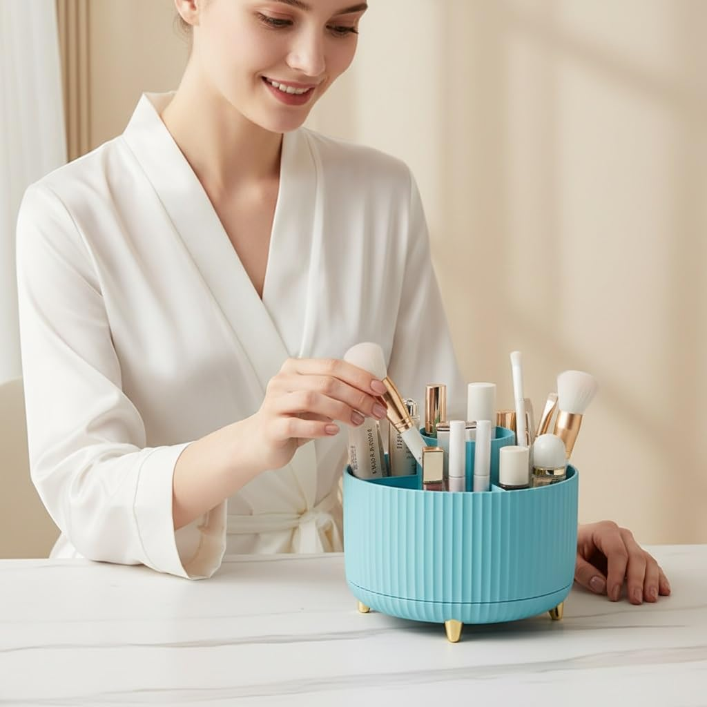 Spinning Makeup Brush Holder, 360&deg; Rotating Makeup Brush Organizer with 5 Slots, Large Capacity Cosmetic Storage Cup for Makeup Brushes, Lipsticks, Nail Polish, Bathroom Vanity Organizer(Blue) image number 4