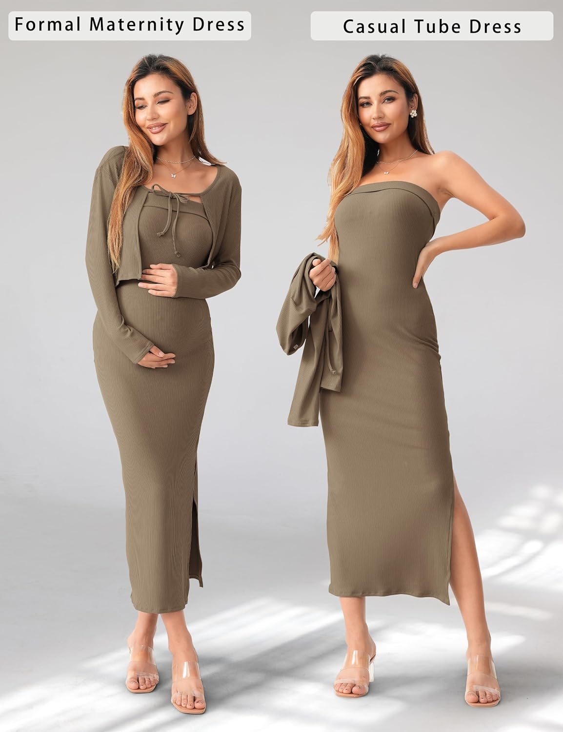 SUNNYBUY Baby Shower Maternity Tube Dress Short Cardigan Bodycon Ribbed Maxi Dress Casual 2 Piece Pregnancy Outfit Set image number 1