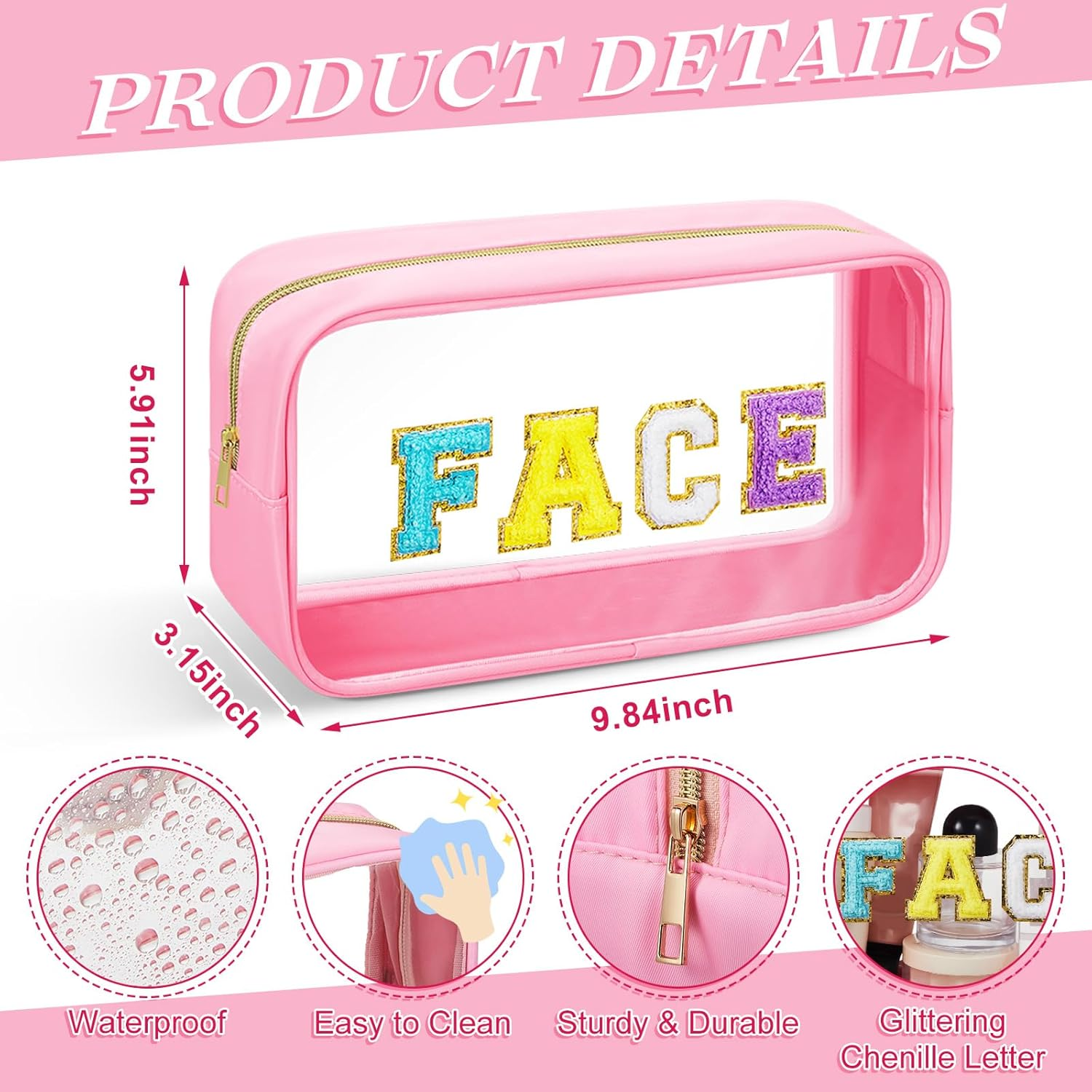 Abbylike 6 Pcs Large Chenille Letter Cosmetic Bag Preppy Patch PVC Nylon Makeup Bag Portable Glitter Clear Cosmetic Bags with Zipper Travel Toiletry Storage Stuff Pouch for Women, as Shown in Pictures, Classic image number 3