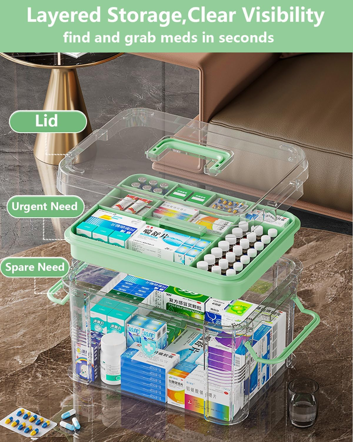 2-Pack Clear Medicine Organizer Box with Trays &ndash; Thickened Plastic First Aid Storage Container, Multi-Layer Medicine Case with Handles,Portable Medical Organizer for Home,Travel & Office