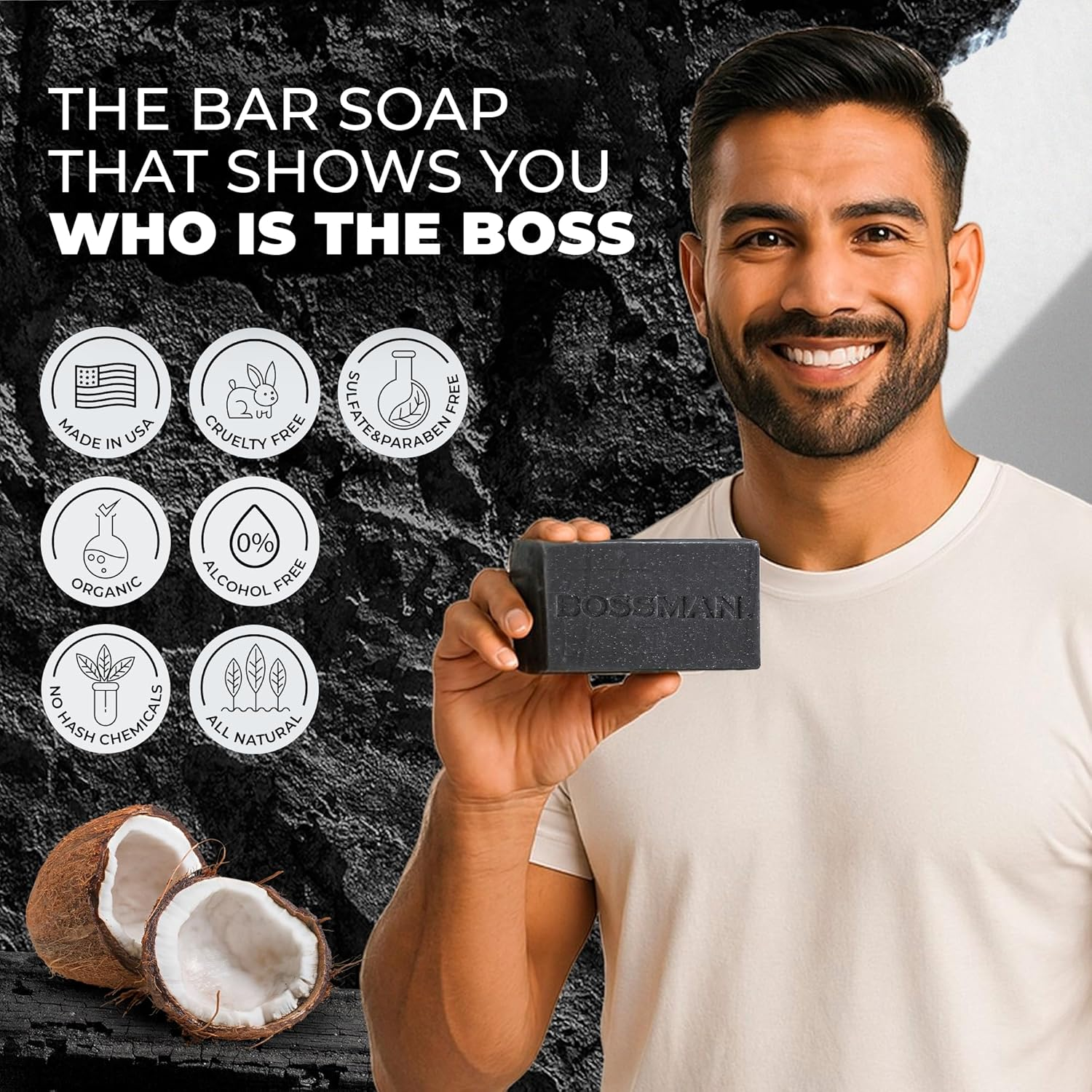 Bossman 6-Pack 4-In-1 Charcoal Soap Bar (4 Oz) &ndash; Bar Soap for Men &ndash; All-Natural Beard Wash, Shampoo, Body Wash & Shaving Solution &ndash; Lavender & Patchouli Scent image number 6
