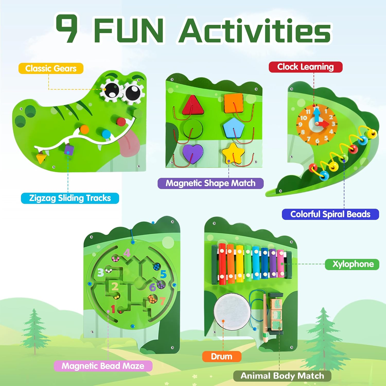 Crocodile Activity Wall Panels, 9-In-1 Crocodile Busy Board Wooden Montessori Educational Sensory Board Playroom Toys Daycare Learning Toy for Girls & Boys image number 3