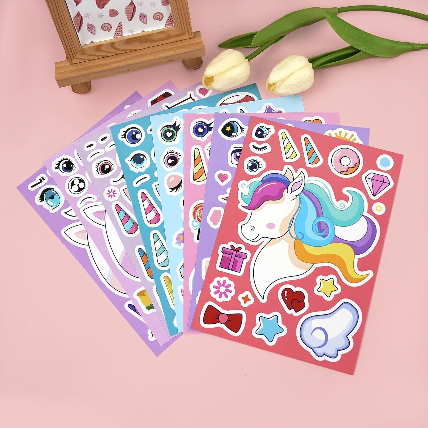 8 Sheets Kids Unicorn Sticker-Crafts Activities, Make Your Own Unicorn Stickers for Kids Rewards, Holiday Party Bag Fillers, Bottle Decorations, Birthday Gifts, Party Favors
