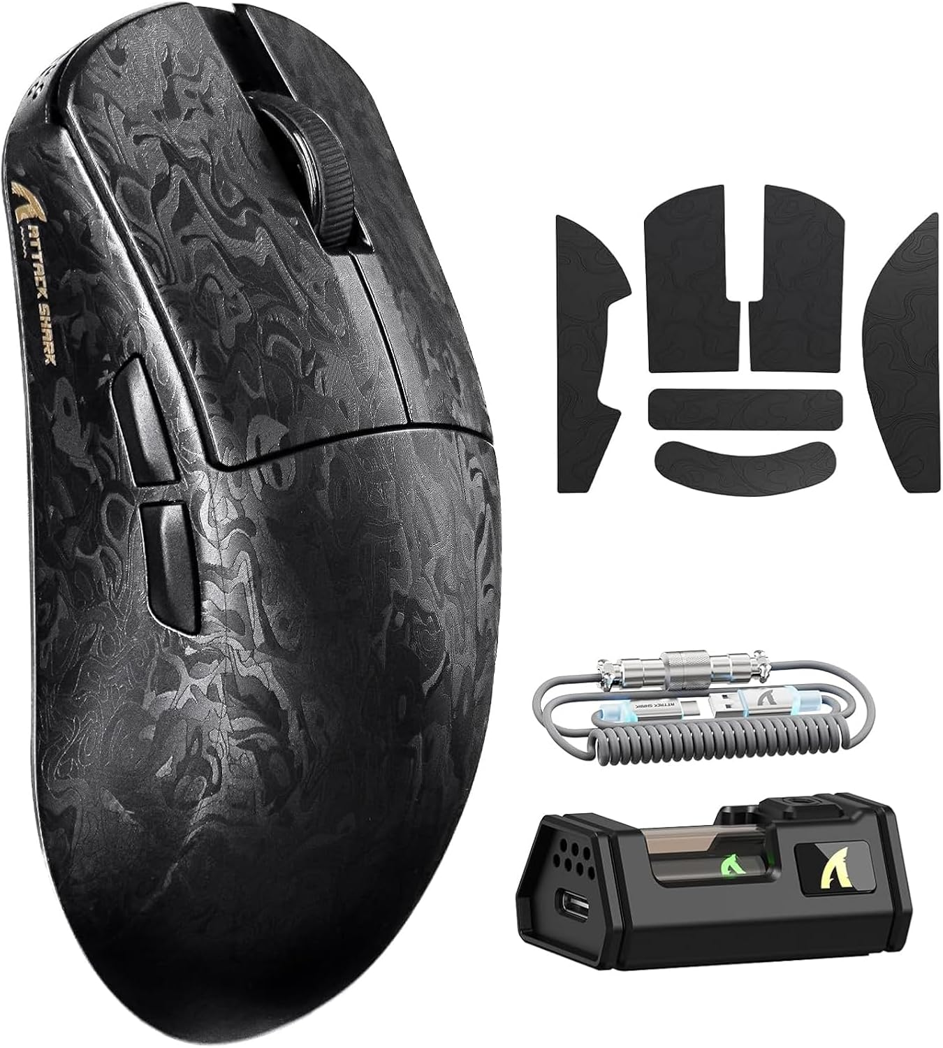 ATTACK SHARK R11 Ultra 8K Carbon Fiber Wireless Gaming Mouse with 42000DPI-PAW3950 MAX Sensor-49G Lightweight,Nordic 52840 MCU Chip,Wired/Bt/2.4Ghz Programmable,Rgb Coiled Cable for Pc(Black Ink+Tape)