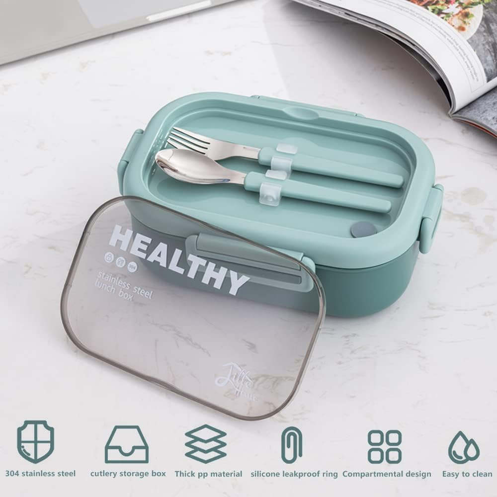 Lille Home 28Oz Stainless Steel Leakproof 2-Compartment Bento Lunch Box/Portion Control Food Container with Lunch Bag and Cutlery Set, BPA Free (Green) image number 3