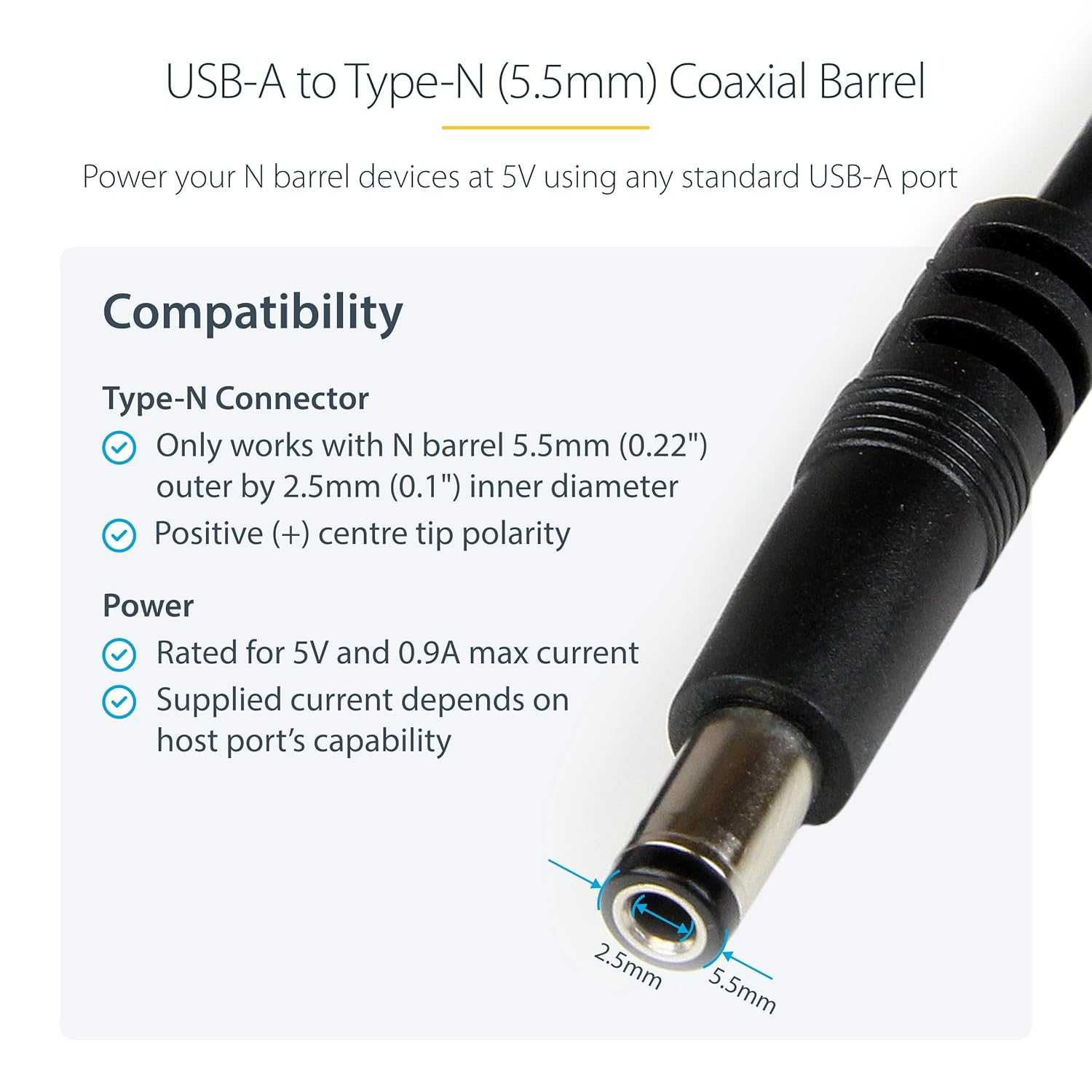Startech.Com 1M USB to Type N Barrel 5V DC Power Cable - USB a to 5.5Mm DC (USB2TYPEN1M) image number 1