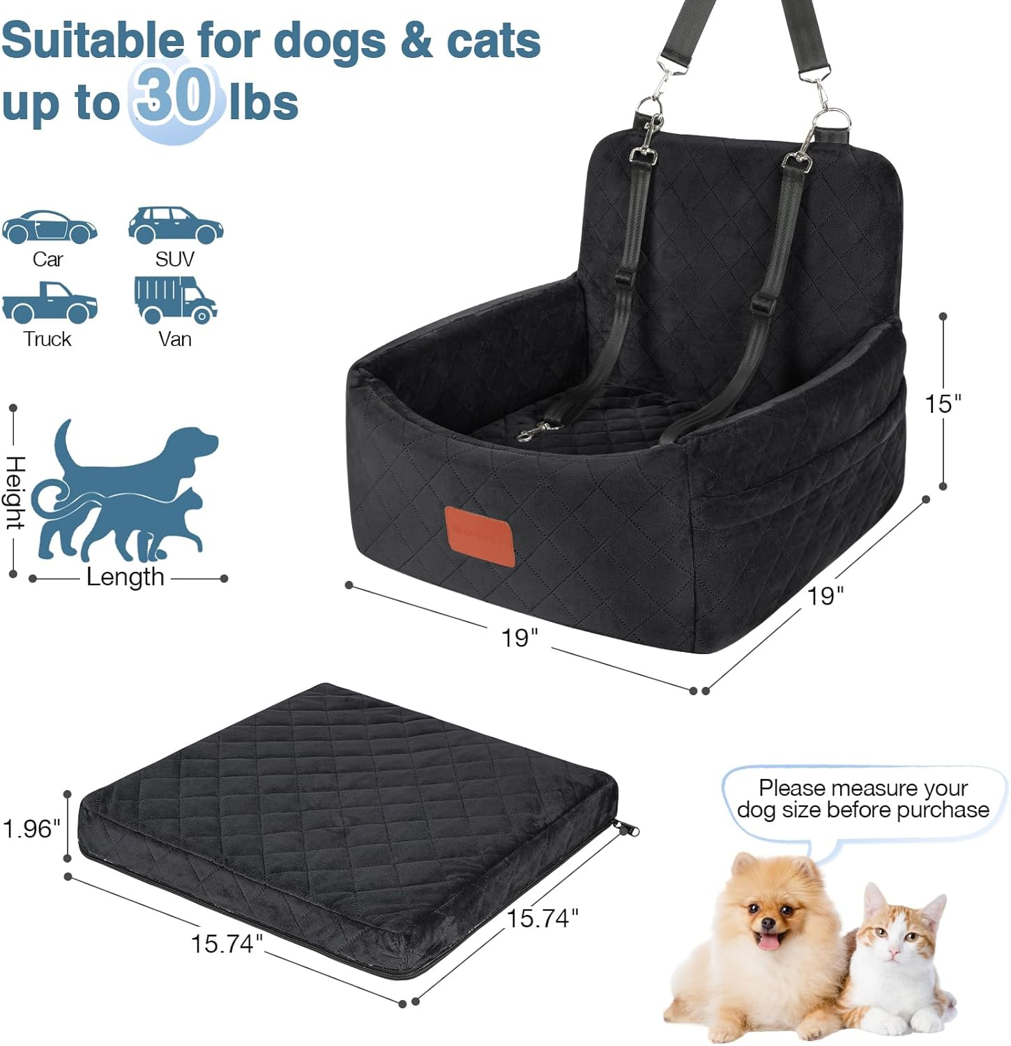 Dog Car Seat for Small Dogs under 25 Lbs, Washable Pet Travel Bed with Memory Foam, Detachable Cover, Storage Pockets & Safety Leash, Non-Slip Bottom(Black) image number 6