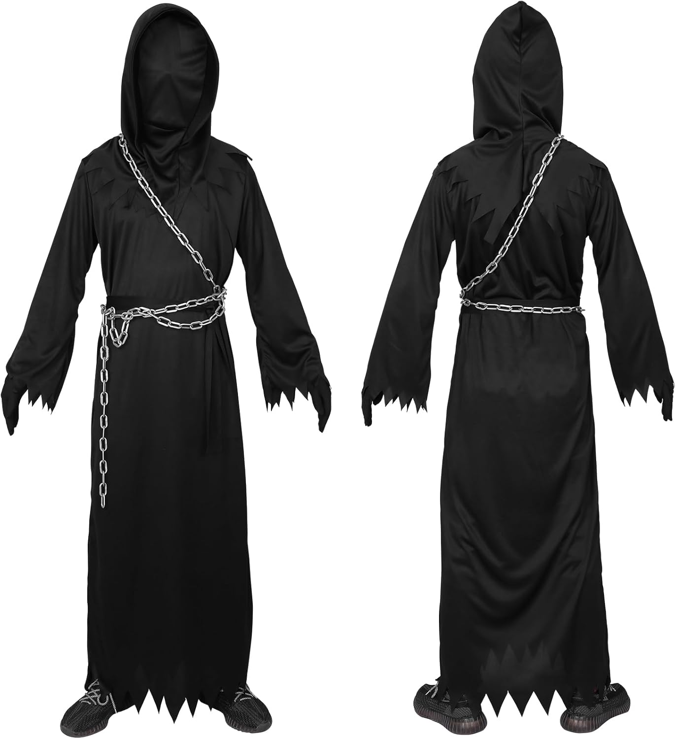 Grim Reaper Halloween Costume with Red Eyes for Adults,Halloween Costumes 7 Pcs Halloween Grim Reaper Costume Set with Glasses Scythe Chain Belt Halloween Costumes Mens image number 6