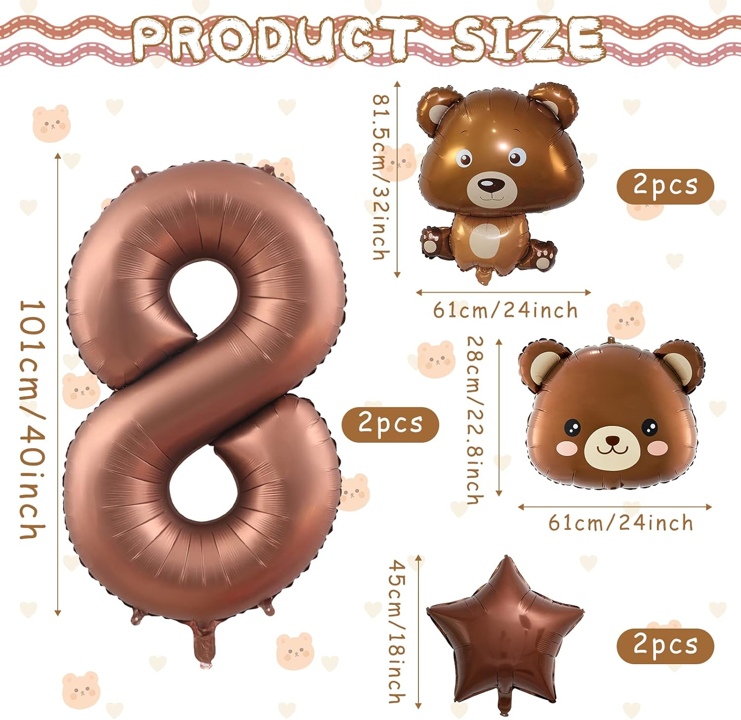 Bear Birthday Balloons,40 Inch Bear Number Balloon,Baby Shower Decorations Foil Animal Balloons (8Th) image number 3