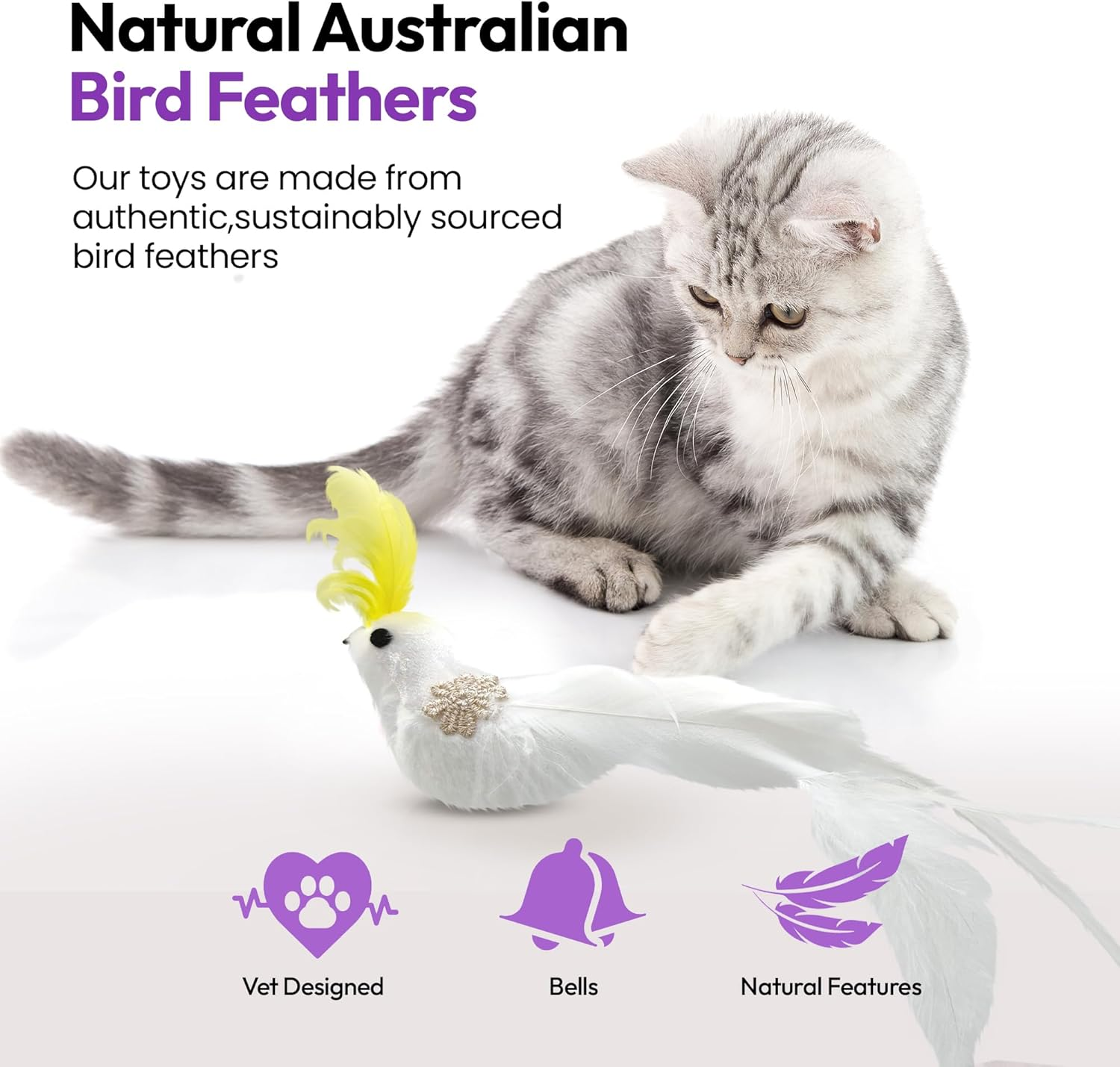 PURRZ Feather Toy Attachments for Cats, 5-Pack &ndash; Natural Cockatoo-Like Bird Feather Refills for Interactive Cat Play &ndash; Safe and Durable Indoor Cat Toys image number 1