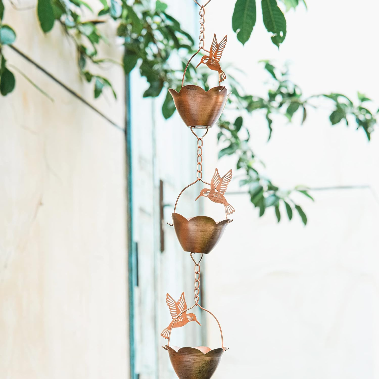 Topadorn 7.85 FT Rain Chains Decorative Iron Gutter Chain with 12 Rain Collector Cups with Hummingbird Petal Iron Flower Cups Garden Decorative image number 4