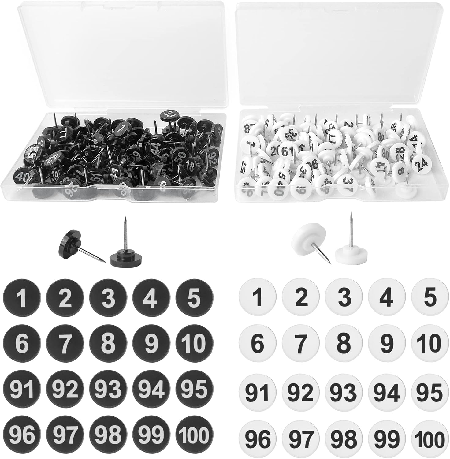 Soug 200Pcs Numbered Push Pin Tacks, 1-100 Sequential Number Tacks Push Pins, 11Mm Diameter 16Mm Length Thumbtacks for Maps, Presentations, Photo, Poster (Black and White) image number 1