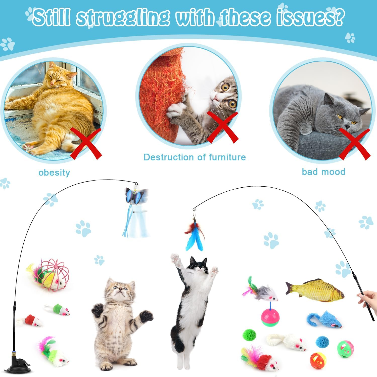 Interactive Cat Toy Set, Foldable Cat Tunnel, Angel Toy, 3-Way Play Tunnel for Cats, Rabbits, 39 Pieces, Cat Tangle Suction Cup, round Tunnel, Cat Toys Accessories, Cat Activity image number 3