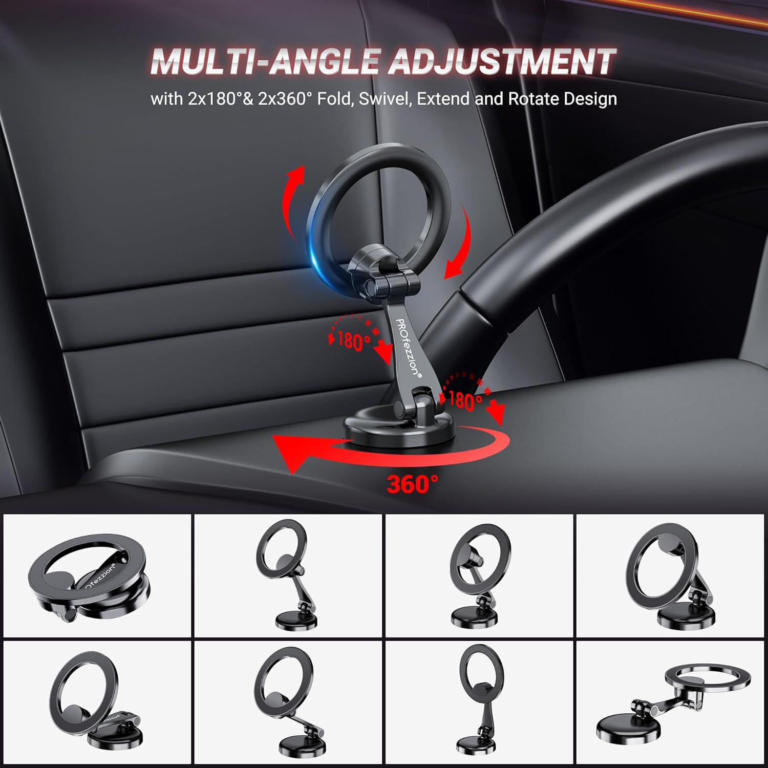 Profezzion Strong Magnetic Car Mount Phone Holder Stand for Iphone 15 14 13 12 Pro Max Mini plus & All Phones with the Metal Ring Included, on Car Dashboard Ultra Stable