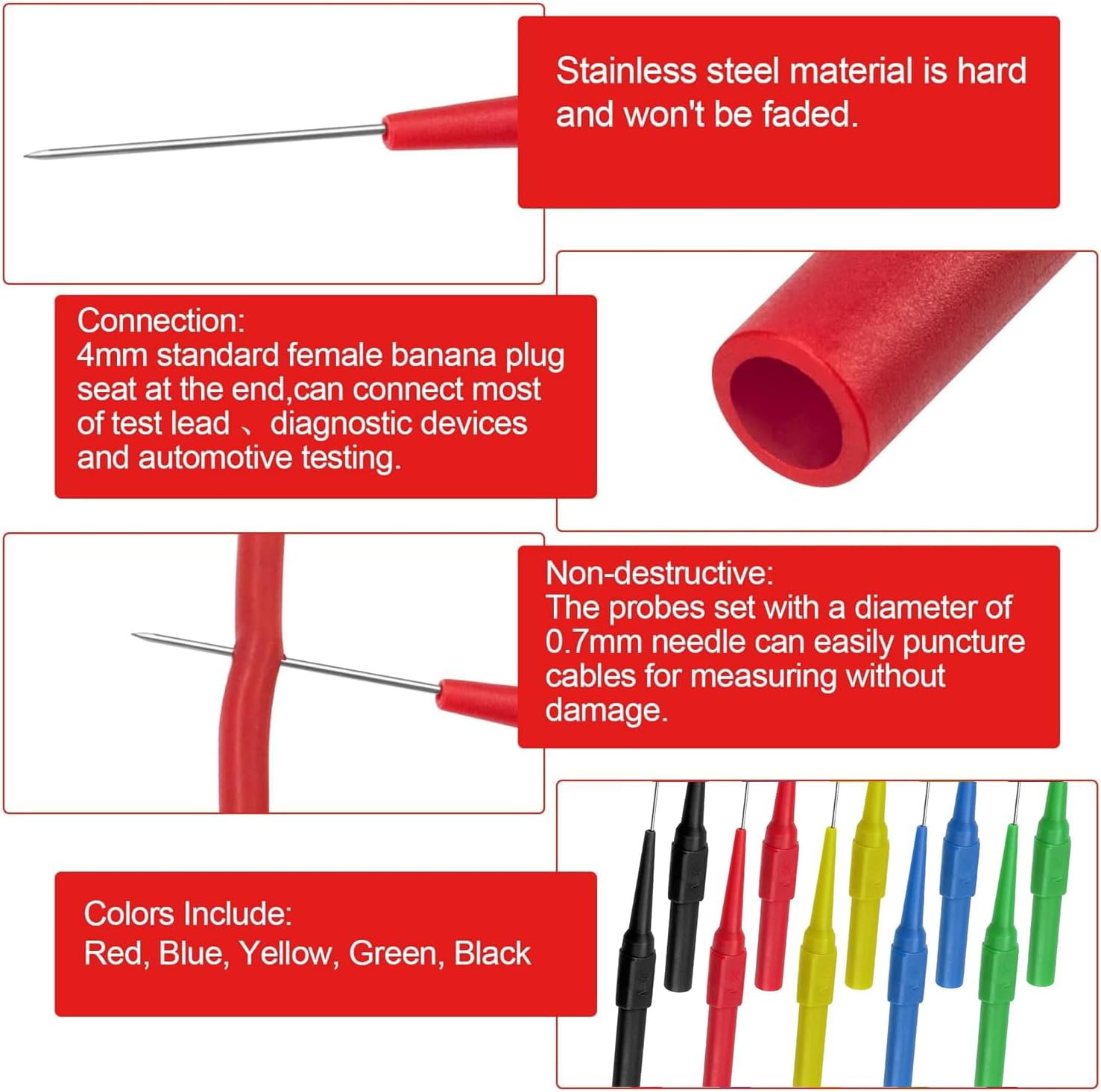 Snokay 10 Pcs 0.7Mm Insulated Piercing Needle Test Probes Pins, Stainless Steel Multimeter Probes for Banana Plug Sockets, Electrical Testing, Automotive Diagnostics, and Car Repair image number 4