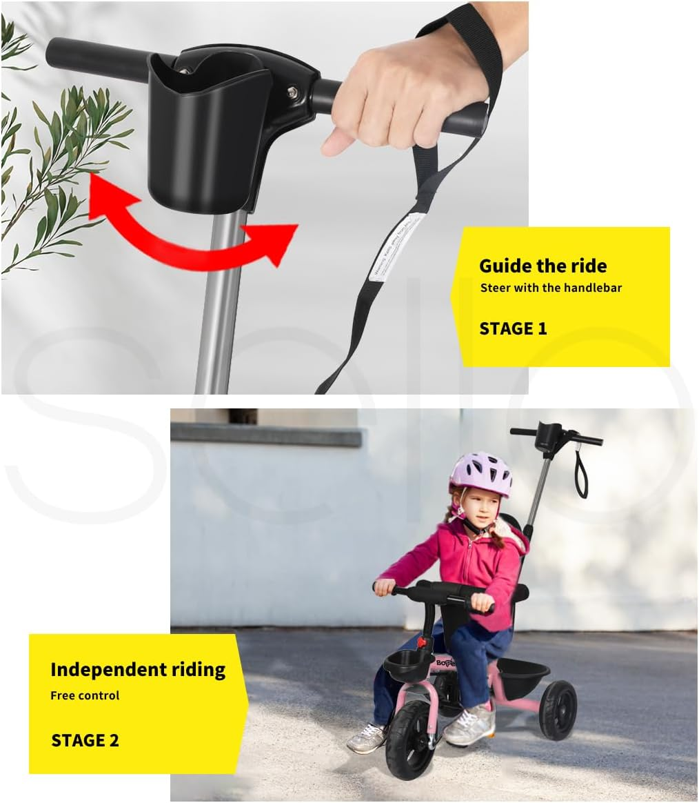 Bopeep Kids Tricycle Ride on Toy Trike Toddler Balance Bike Car Prams Stroller Walker Children Adjustable Handlebar (Pink)