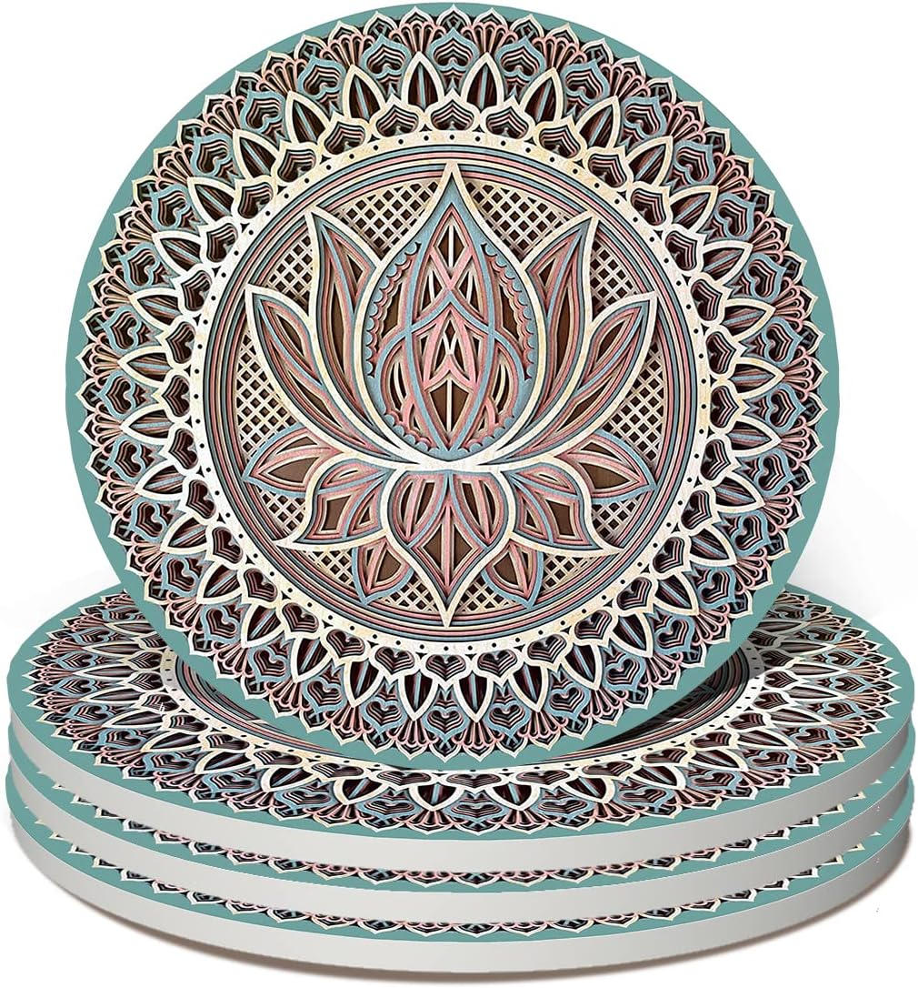 Mandala Coasters for Drinks,Doawbang Absorbent Ceramic Stone Coasters Set of 4 Cork Base Marble Art Cups Table Mats for Home Decor (Green) image number 4