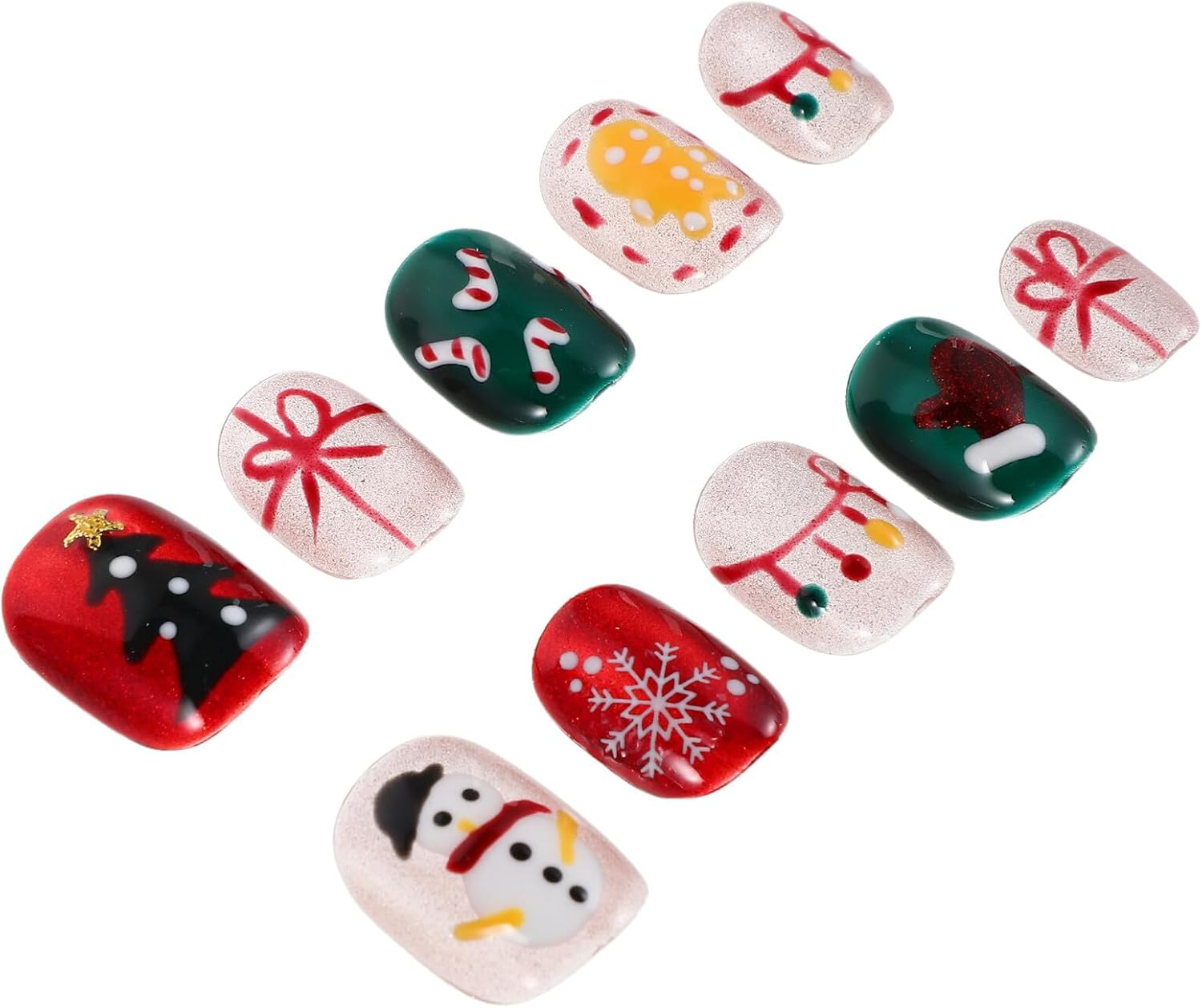 BAZEITFLOW Christmas Short Press Nails Snowflake Candy Cane Art Stickers Square False Nails with French Tips Festive Holiday Manicure for Women image number 4