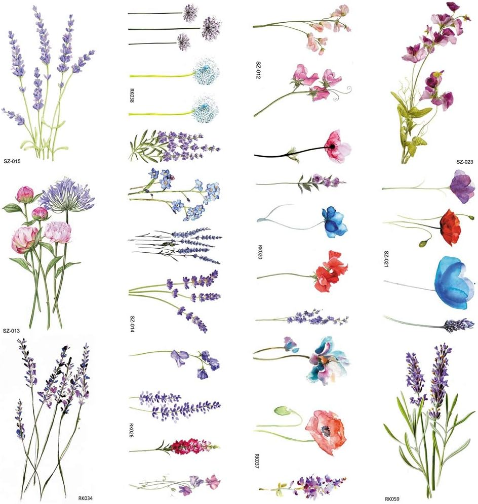 COKTAK 12Pieces/Lot 3D Watercolor Lavender Flower Temporary Tattoos for Women Body Art Arm Fake Flora Adults Tattoo Sheet Sticker Waterproof Girls Tatoos Paper