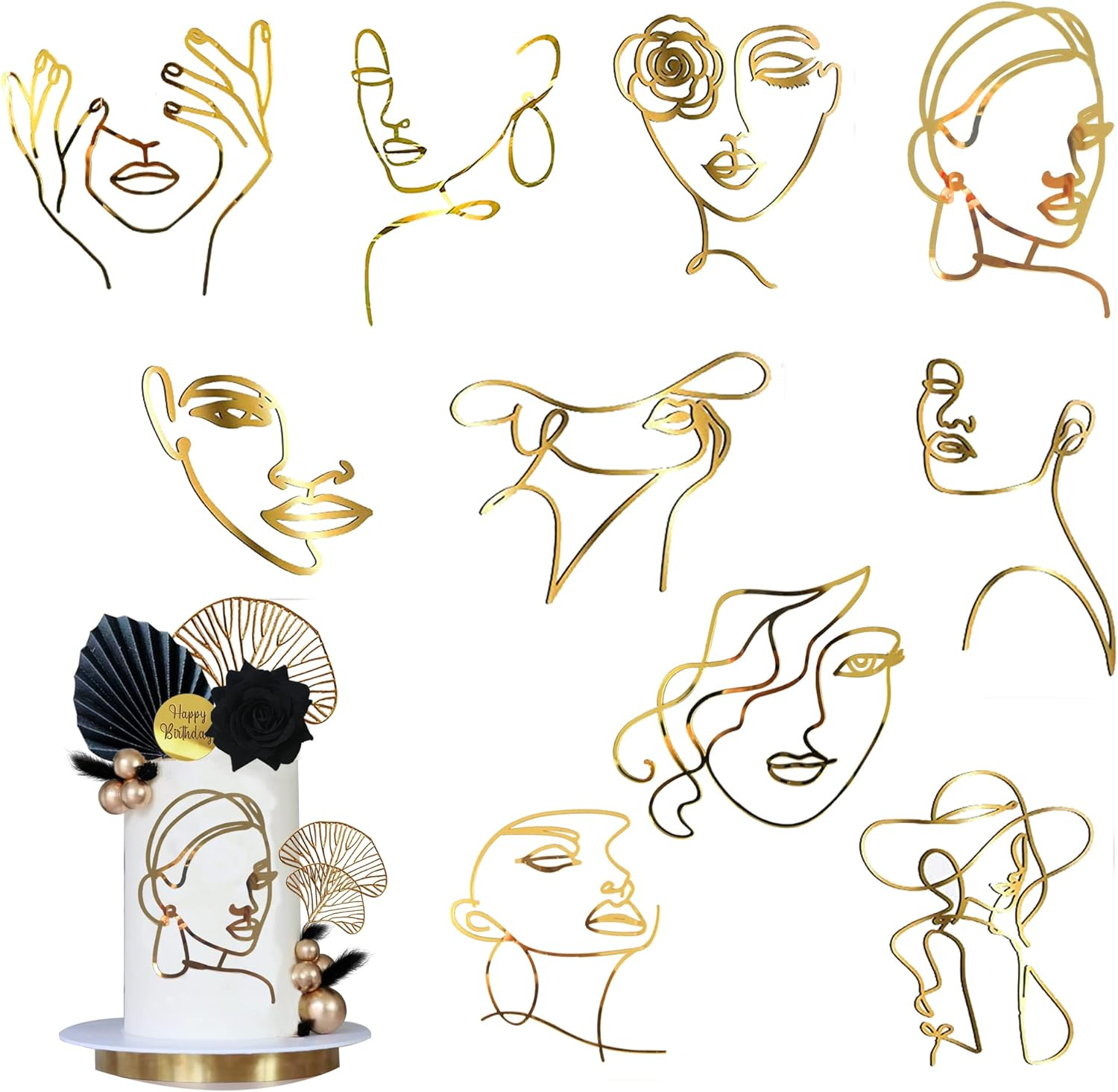 10 PCS Boho Cake Toppers Acrylic Minimalist Art Line Lady Face Cake Decorations for Wedding Bridal Shower Woman Girl Birthday Party Supplies (Gold) image number 5
