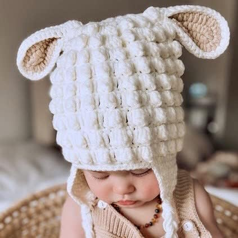 Tinker Tot Winter Baby Beanie L Lamb 1-4 Months Soft & Warm Crocket Knit Kids Beanie for Boys and Girls with Warm Earflap L Handmade Newborn Baby to Toddler Beanie Hat &ndash; S image number 3