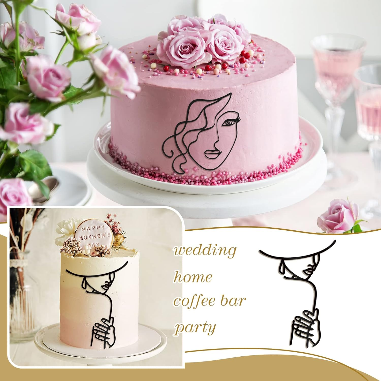 Kigley 22 Pcs Minimalist Art Lady Face Cake Topper Butterflies Cake Decoration Acrylic Wedding Birthday Boho Cake Toppers for Women Bridal Shower Party Supplies (Black) image number 2