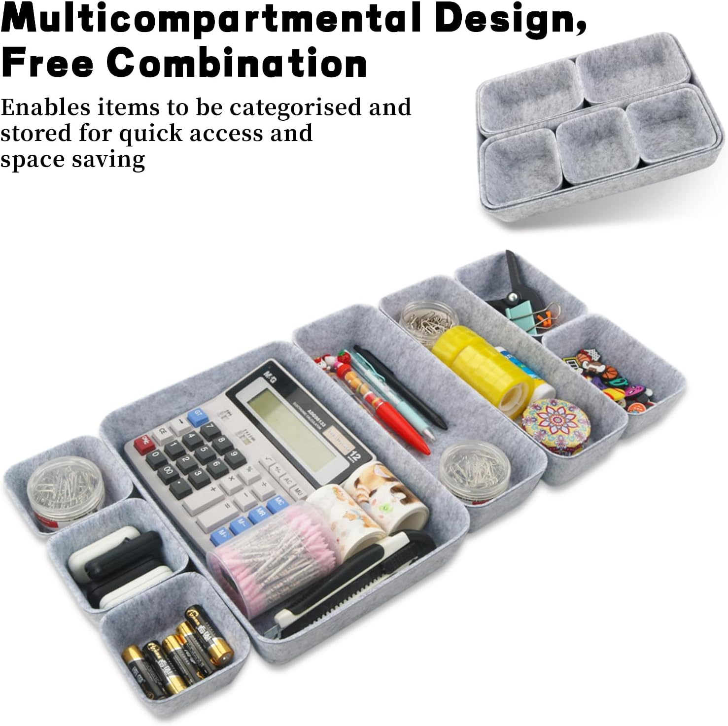 CTYUEYUN Felt Drawer Organiser, Pack of 8, Stackable Felt Organiser Drawer, Dressing Table Organiser for Drawer, Desk Organiser, Drawers for Desk, Bedroom, Bathroom, Kitchen (Light Grey) image number 2