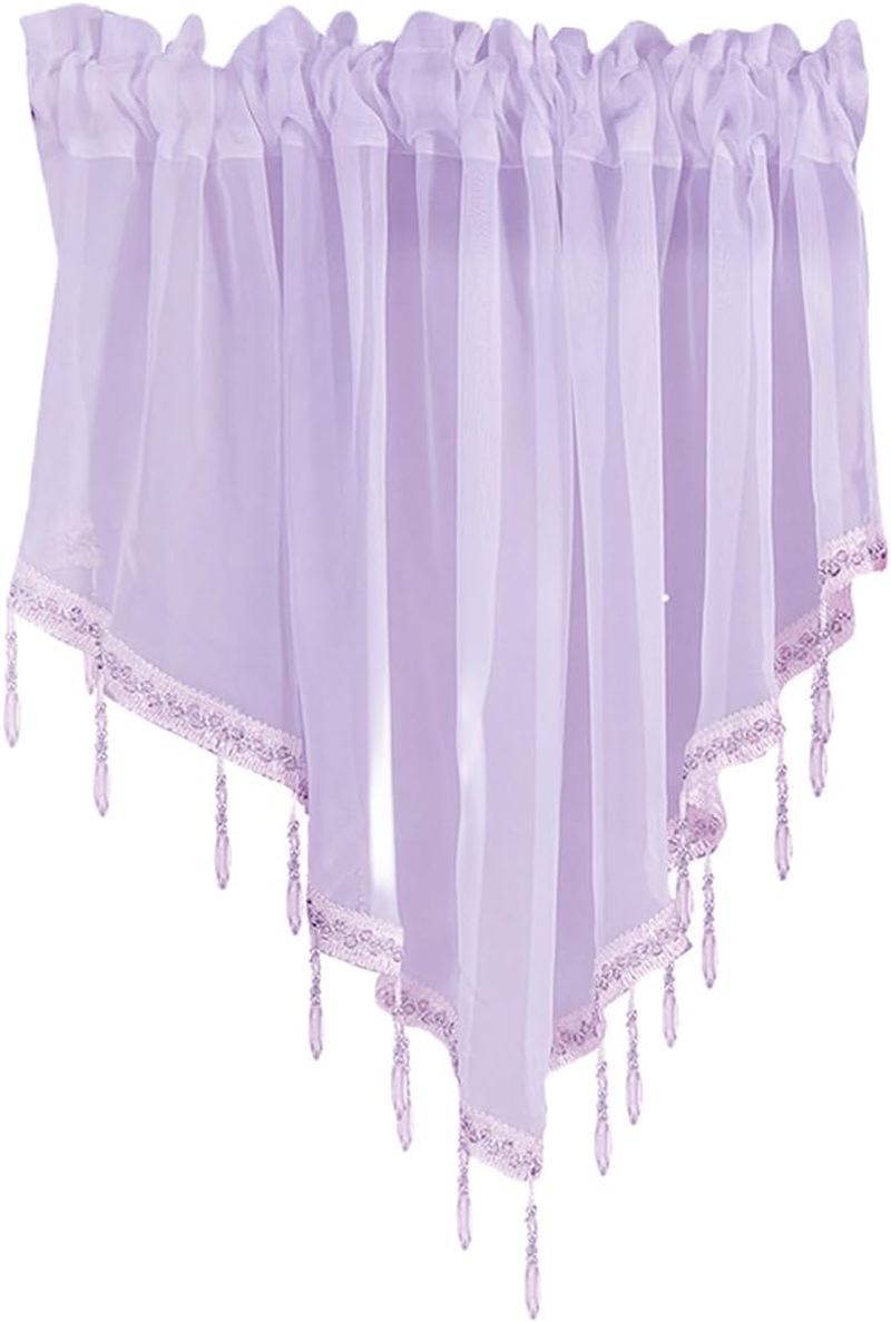 1Pcs Purple Sheer Valance Curtains 51.2 X 23.6 Inch, Beaded Swag Valances for Windows Living Room Kitchen Bedroom Bathroom, Short Top Farmhouse Valance Curtains with Rod Pocket Tassel Voile - Green image number 2