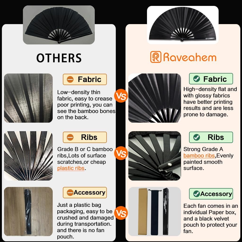 Raveahem 2 Pack Large Folding Hand Fans, Bamboo Handheld Rave Fan Wedding Fan Bamboo Frame Thickened Smooth Fabric for Cooling Decoration Women Men Gril Boy Gift, 13.8" Red - Black image number 3