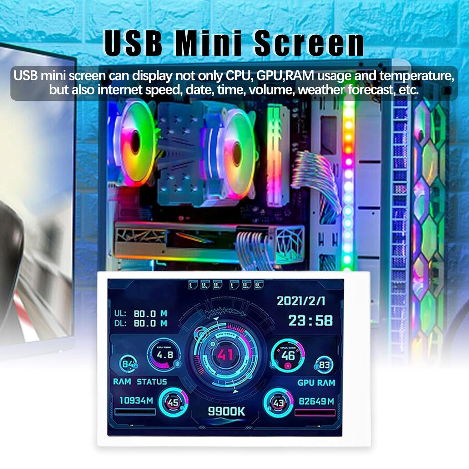 3.5In IPS USB Mini Screen, CPU Hardware Temperature Monitor Type C AIDA64 PC Temperature Display Monitor for Computer Case (White) image number 1