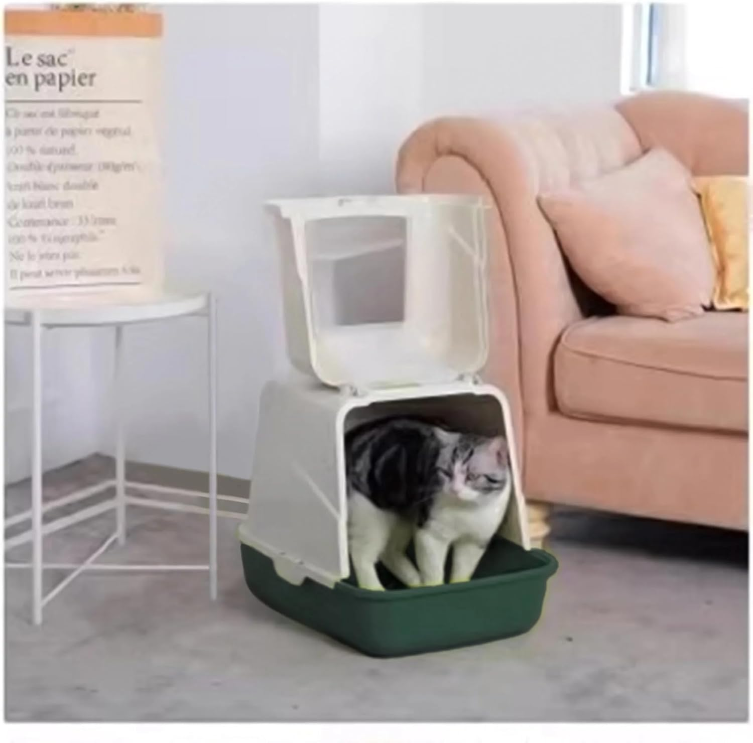 Front Open Hooded Portable Cat Toilet Box Litter Tray House with Handle Scoop image number 3