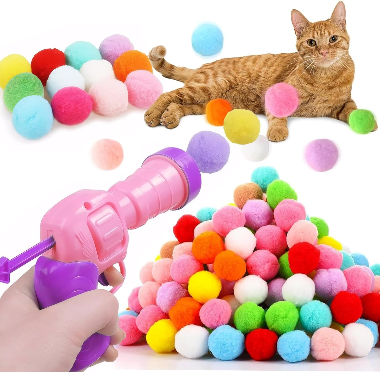 MEIYUETAOSI Cat Ball Toy Launcher Gun with 100 Plush Fuzzy Balls, Interactive Fun Cat Toys for Indoor Cats, Entertaining Fetch Game for Adult Cats & Kittens image number 3