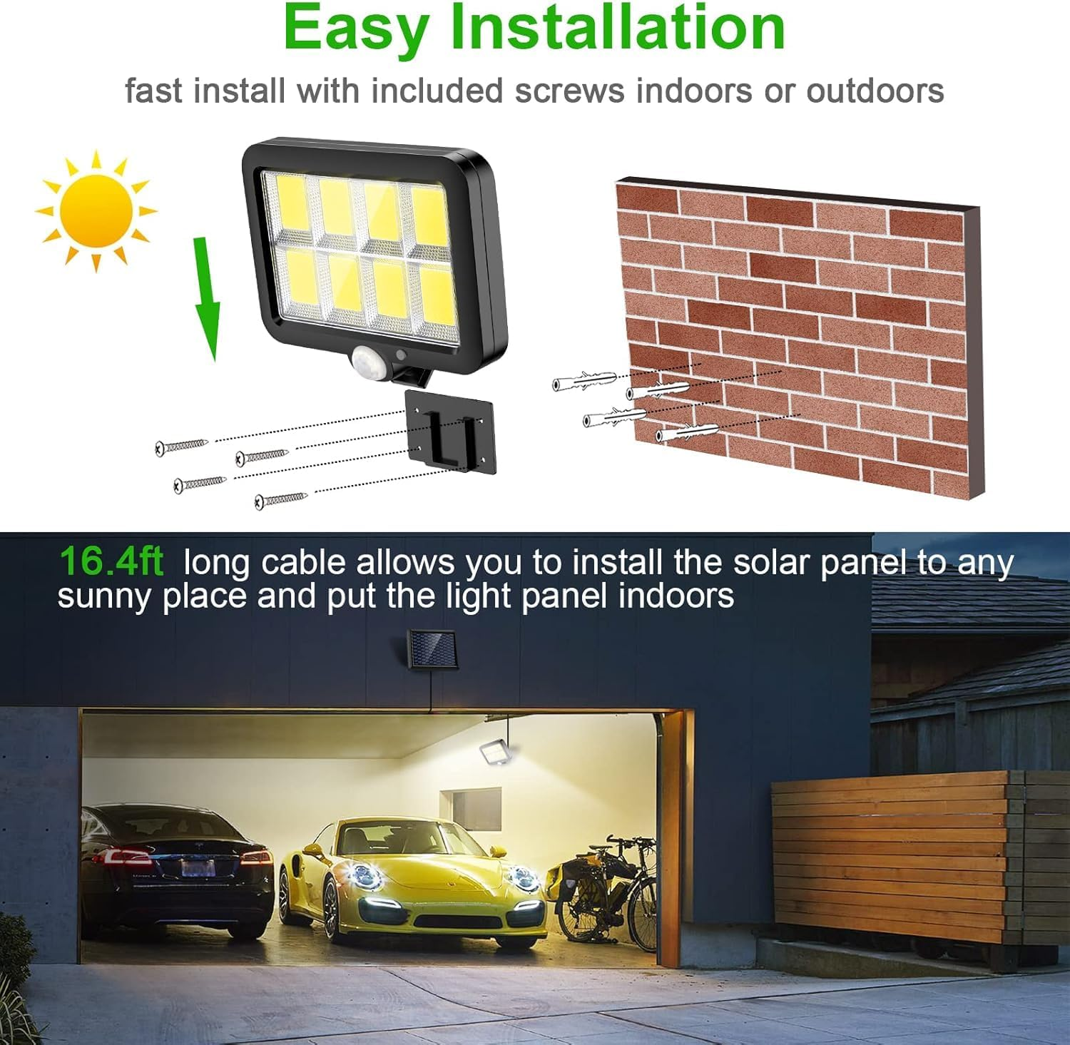 Solar Motion Sensor Light Outdoor, 320 Bright COB LED, 16.4Ft Cable, 3 Working Mode, Adjustable Solar Panel, Wired Solar Powered Security Flood Lights for Indoor Use, Wall, Yard, Garage, Garden 2PCS image number 6