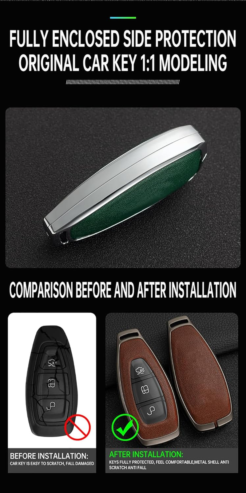 Zinc Alloy Car Key Case Key Fob Cover Leather Fit for Ford Fiesta Focus Kuga C-Max Galaxy B-Max S-Max Mondeo Mk2 MK3 Edge Key Fob Holder Keyring 3 Buttons Key Shell Key Chain Silvery Brown image number 1