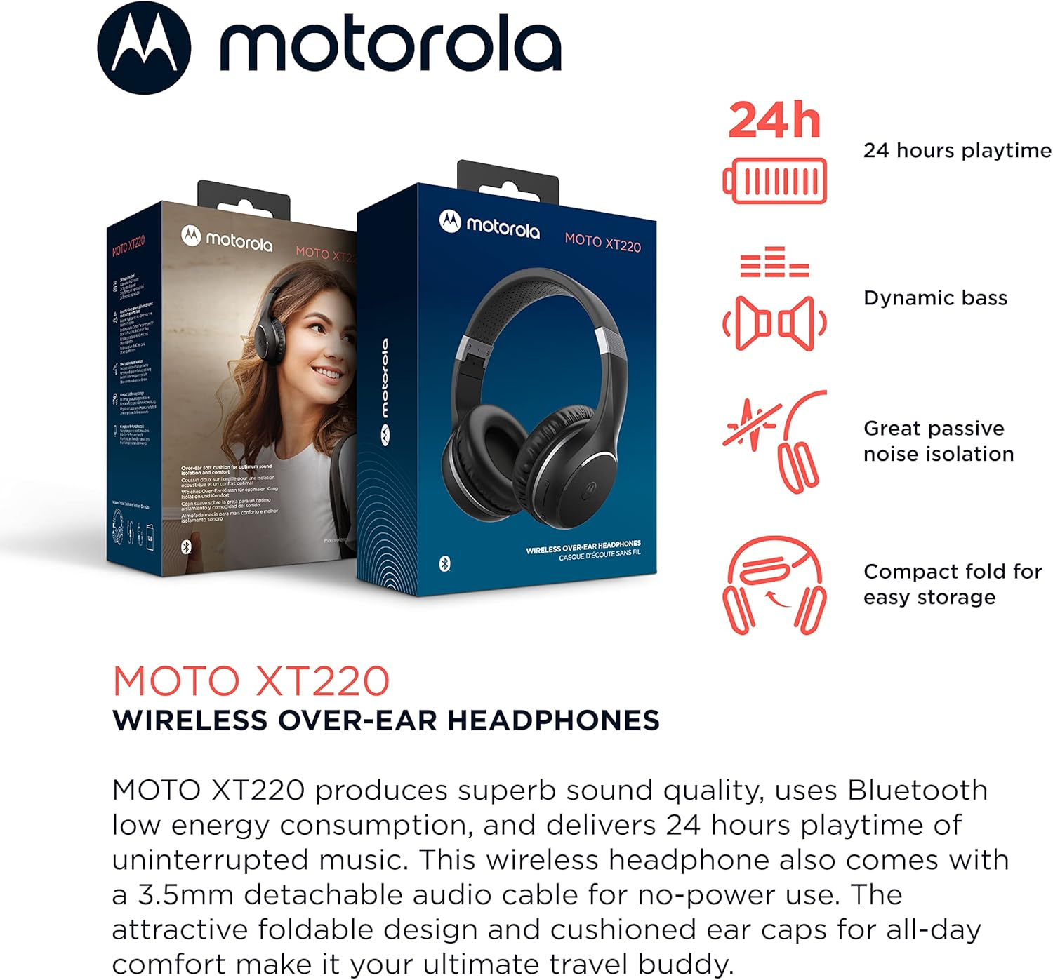 Motorola Bluetooth Wireless Headphones with Microphone, Moto XT220 Over-Ear Headphones In-Line Control for Calls - Foldable Head Phones, Adjustable Headband - Dynamic Bass, Clear Sound (Jet Black) image number 1